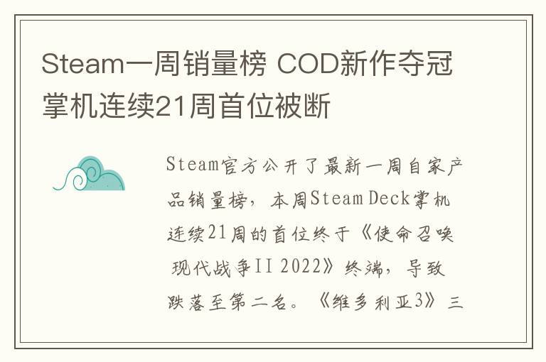 Steam一周销量榜 COD新作夺冠 掌机连续21周首位被断