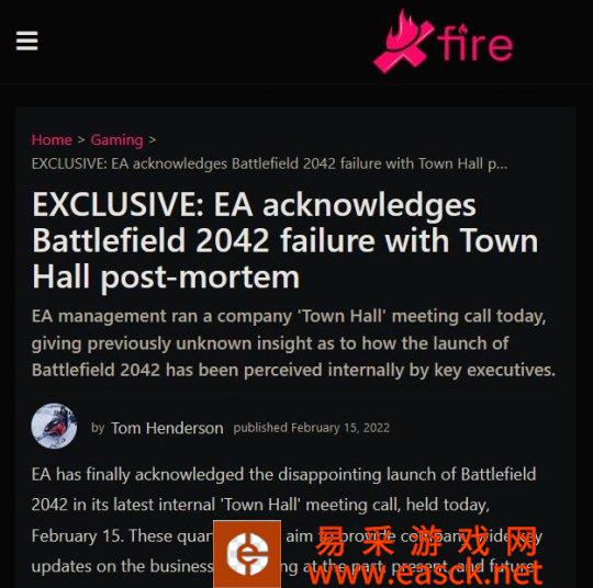 EA否认其曾称《光环：无限》发布导致《战地2042》失败