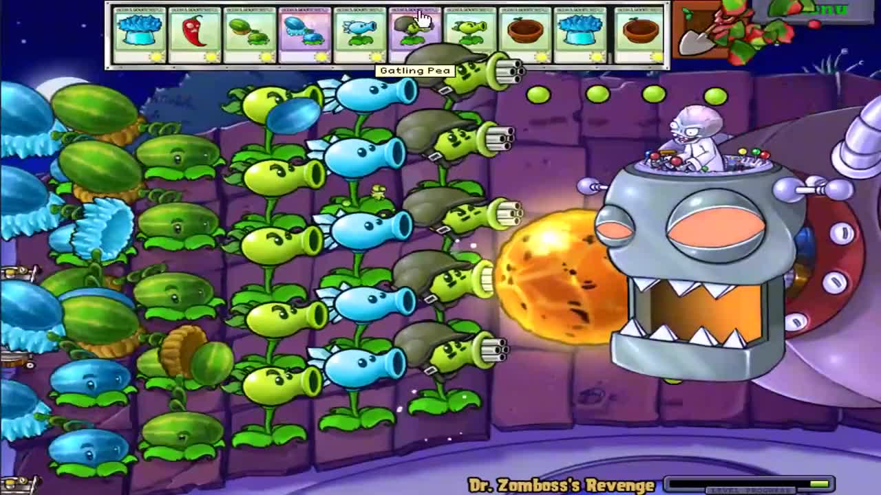 西瓜投手，各种豌豆射手加大喷菇齐上阵，打的僵尸落花流水。