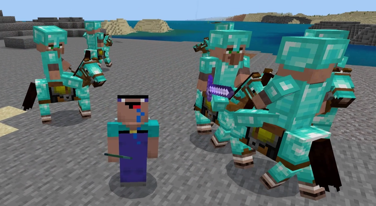 村民战士们都穿上钻石套骑上了战马大闹末地 魔哒我的世界#魔哒#我的世界