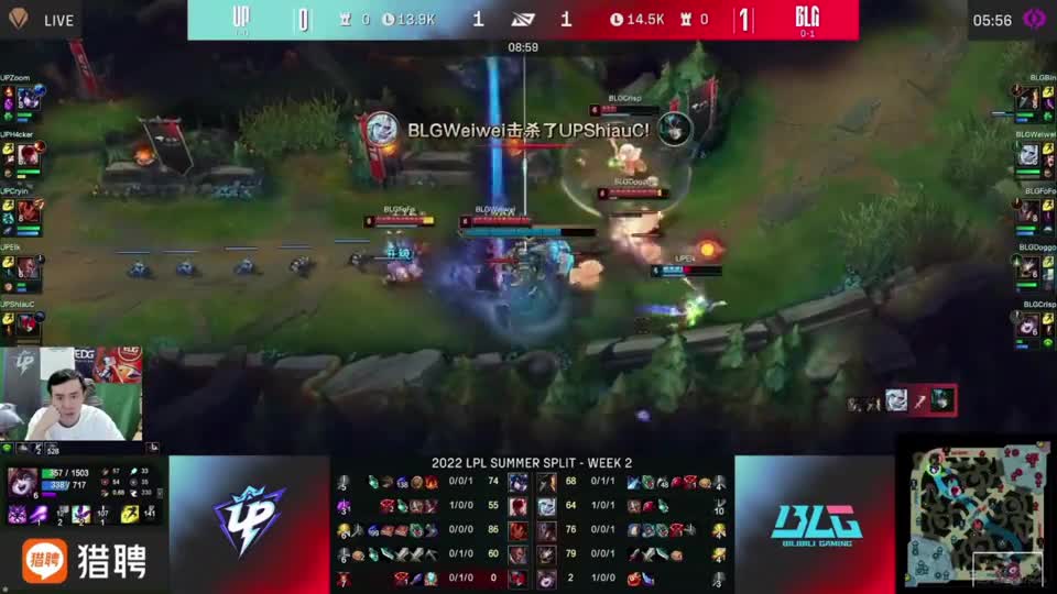 各解说看BLG四打三越塔0换3击溃UP，UZI：简直是完美越塔啊