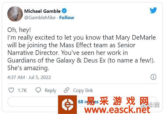 BioWare项目总监Michael Gamble宣布推特M