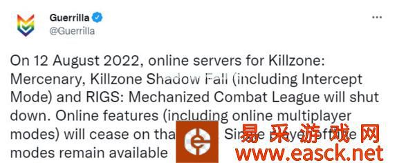 《杀戮地带:暗影坠落》在线服务器将在8月关闭