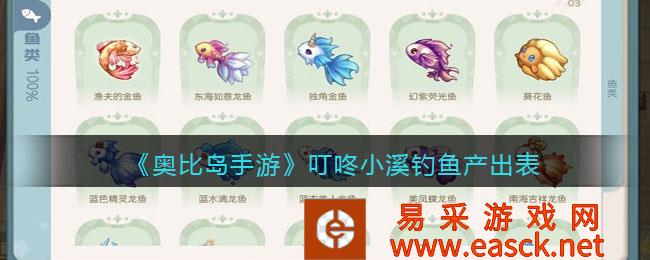 奥比岛手机游戏叮咚小溪钓鱼产出表介绍