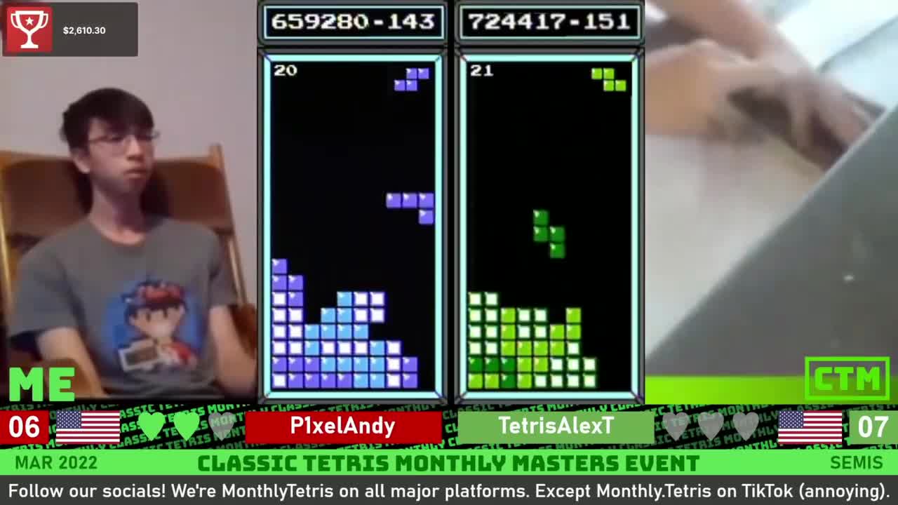 俄罗斯方块：ANDY小哥出奇招，封锁对手快速消除，破110万分取胜（1）