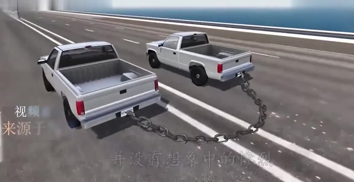 用铁链拴住汽车，同时冲向百米路灯会怎样？3D动画模拟太过瘾