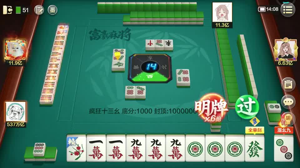 红中麻将：上家四节高四暗刻，对家南征北战纷纷明牌，别来沾边死得很快