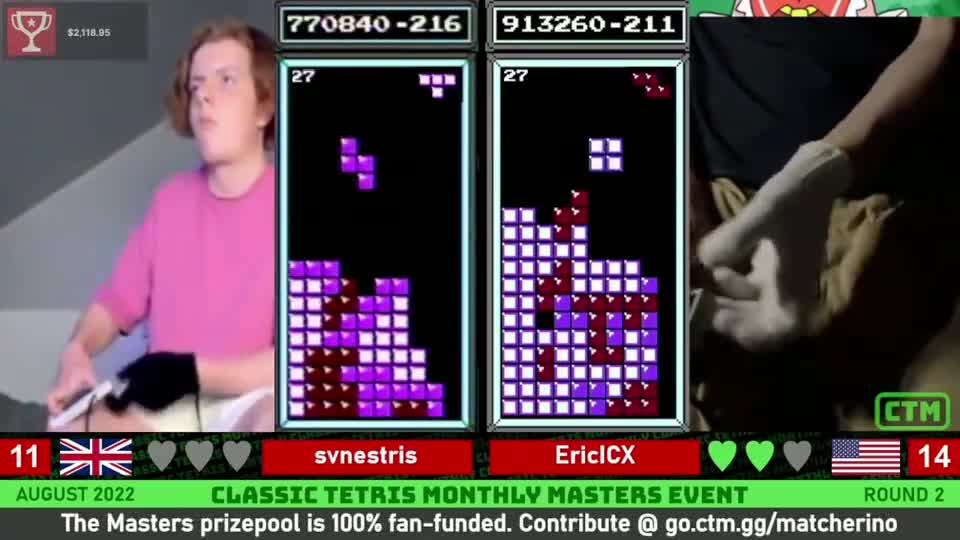 俄罗斯方块：世界冠军打出34级表演，英国小天才死守1分钟溃败