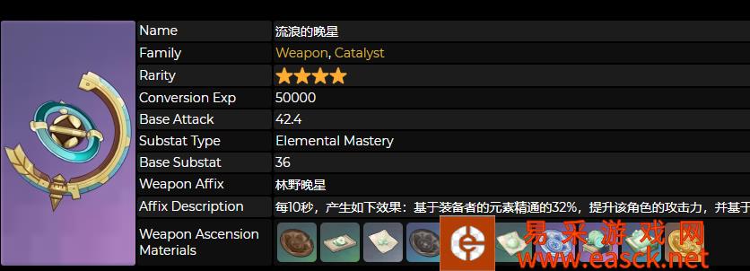 原神流浪的晚星90级属性介绍 流浪的晚星满级属性分享
