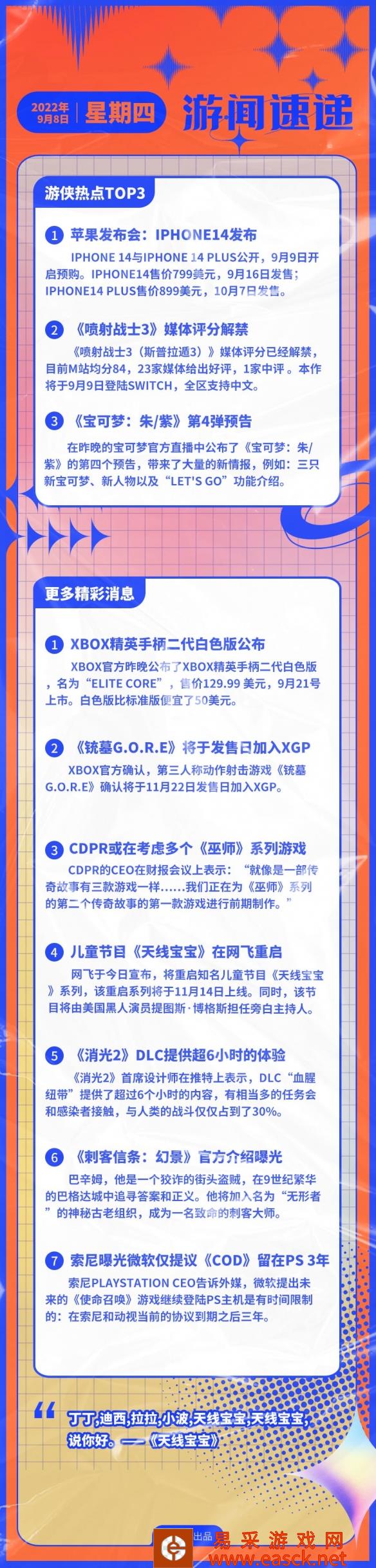 游侠早报:iPhone 14正式公开 《喷射3》媒体评分解禁