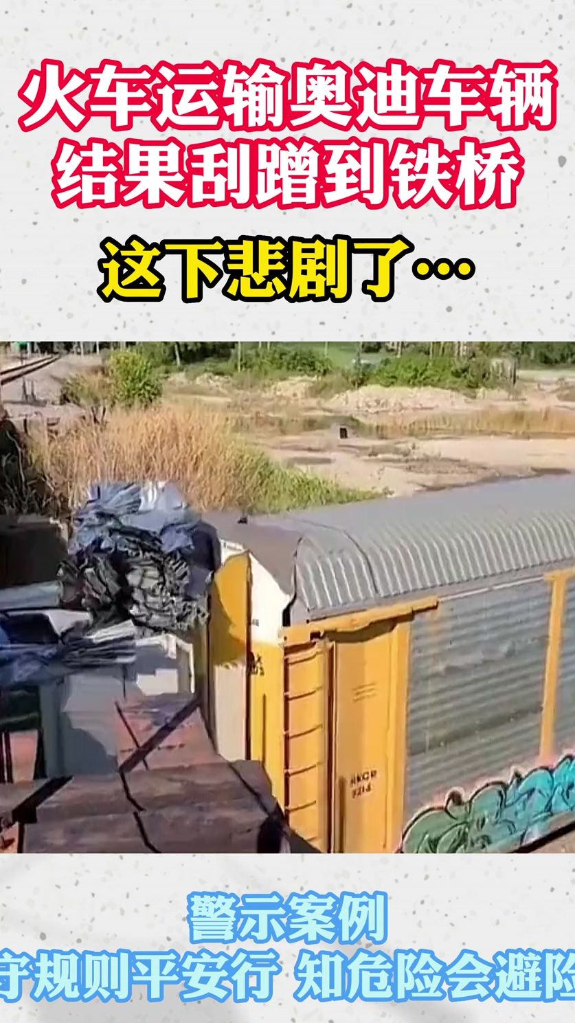 火车运输奥迪车辆，结果刮蹭到铁桥，这下悲剧了……