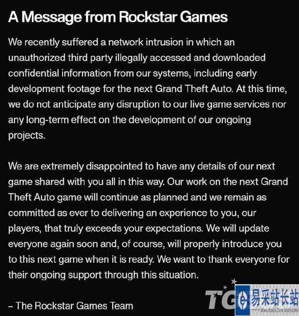 R星发文回应《GTA6》泄密事件 不影响游戏开发