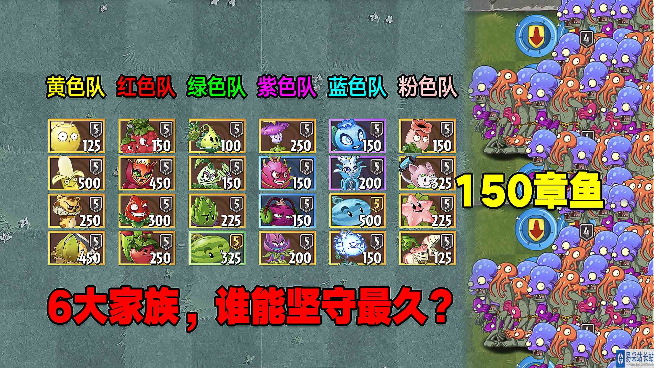 PVZ测试：面对150个章鱼僵尸，6大色系家族，谁能坚守最长时间？#最强射手组