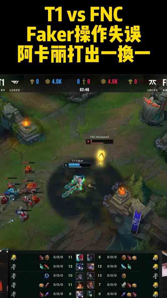 S12小组赛T1 vs FNC，Faker操作失误，阿卡丽打出一换一