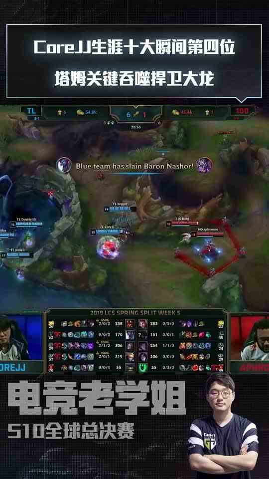 英雄联盟：CoreJJ生涯十大瞬间第四位 塔姆关键吞噬捍卫大龙