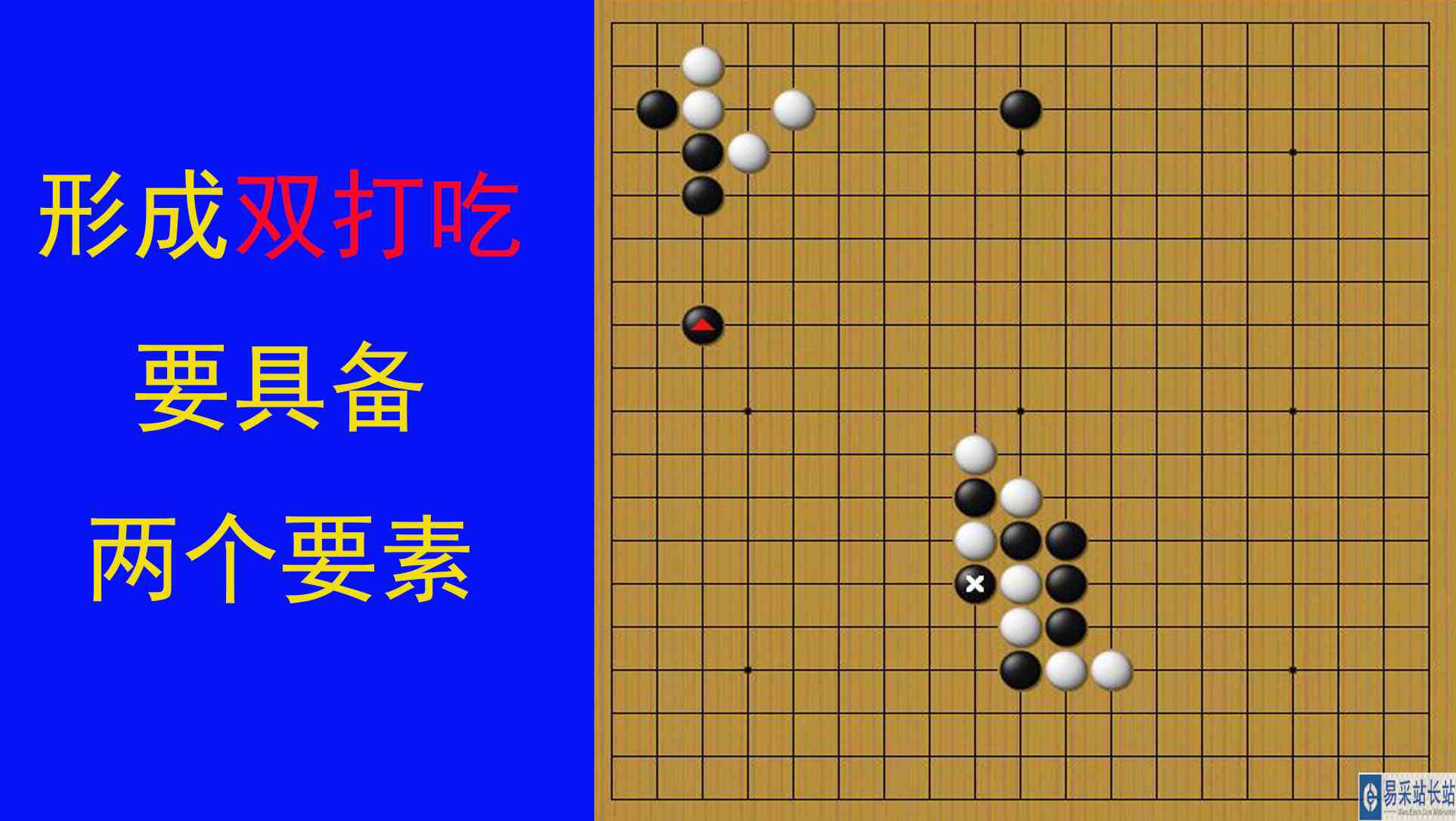 形成双打吃，要走在对方断点上，并且对方的两块棋都只有两口气