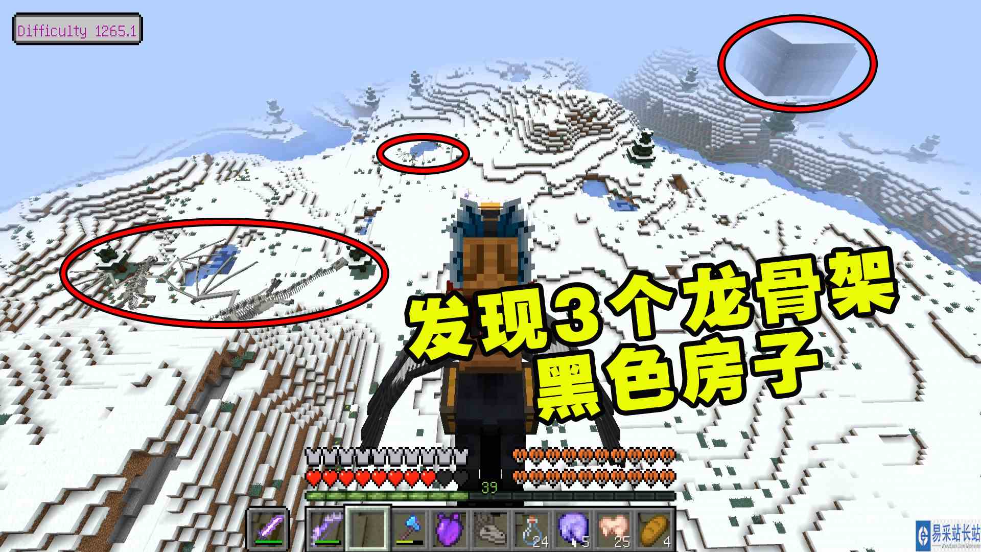 我的世界冰火传说26：骑骏鹰飞翔，发现3个龙骨架和黑色房子#我的世界#沙盒游戏