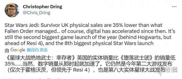 《星战绝地:幸存者》英国地区实体版首发销量不敌前作