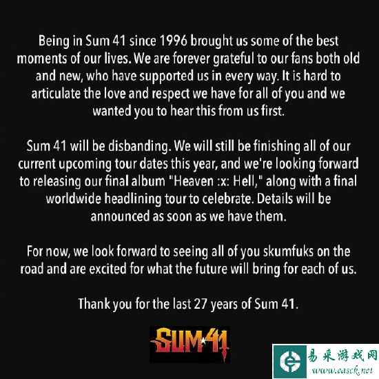 加拿大摇滚乐队Sum 41宣布解散 乐团成立已27年