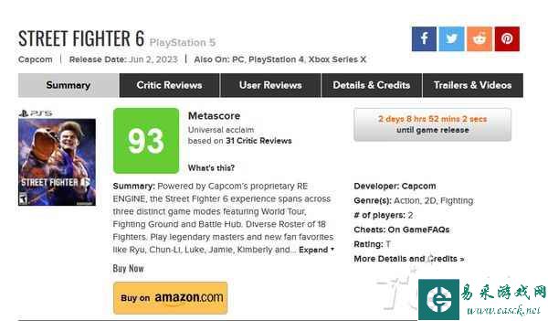 3D格斗系列《街霸6》Metacritic评分出炉 均分93分