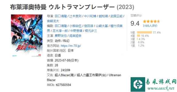 《布莱泽奥特曼》豆瓣评分升至9.4！近八成观众打5星