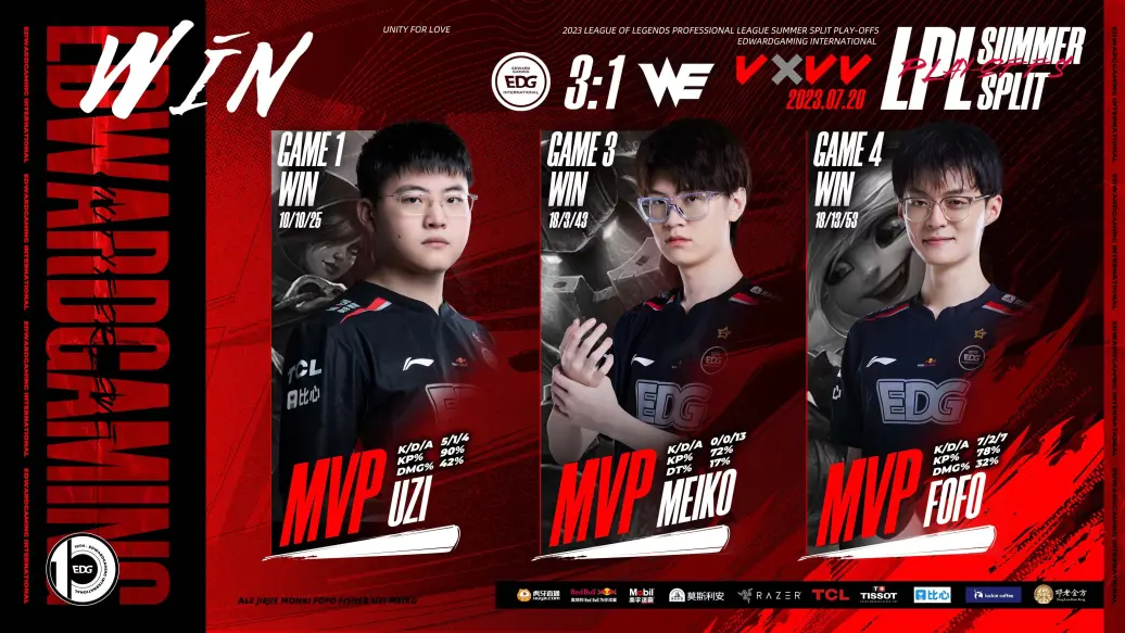 2023LPL夏季季后赛首场比赛EDG 3:1战胜WE晋级!