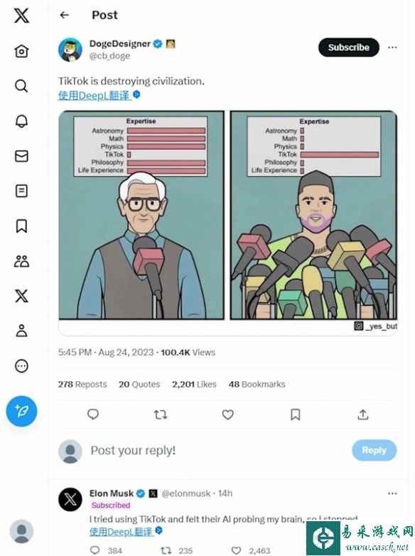 马斯克吐槽TikTok：感觉它们的AI正在探测我的大脑！