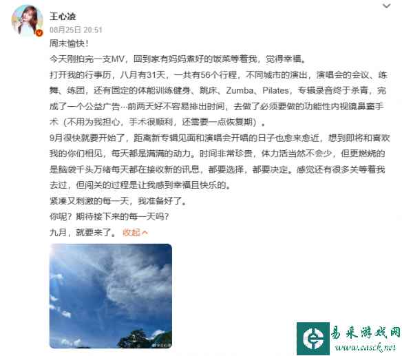 王心凌自曝完成手术并分享近况：八月31天有56个行程
