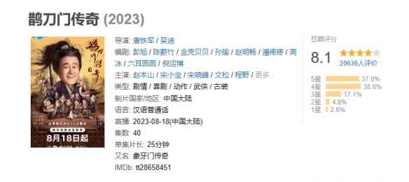 武侠喜剧《鹊刀门传奇》豆瓣升至8.1分！赵本山等主演