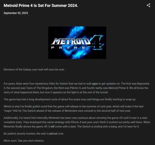 传闻：《银河战士Prime4》将于2024年夏季发售