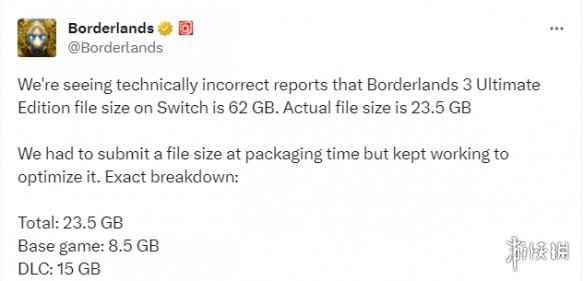 《无主之地3》官方辟谣：Switch版实际大小为23.5GB