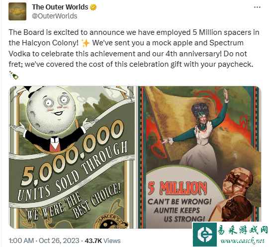黑曜石宣布太空科幻RPG《天外世界》销量破500万份！