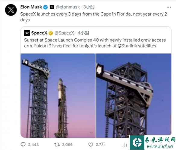 马斯克称SpaceX明年将两天发射一次 全年发射180次