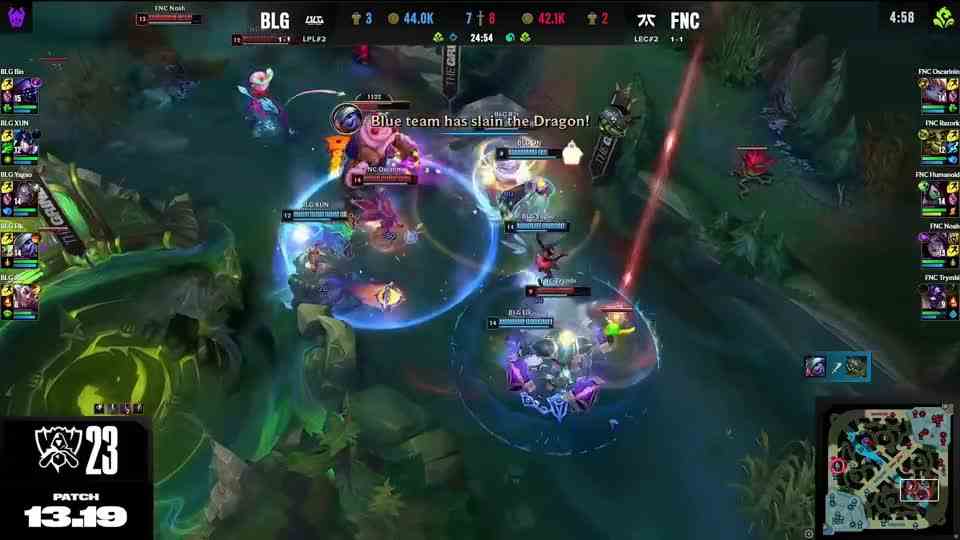 神兵天降！Bin武器闪现进场晕四人怒砍三杀，BLG小龙团0换4大胜FNC