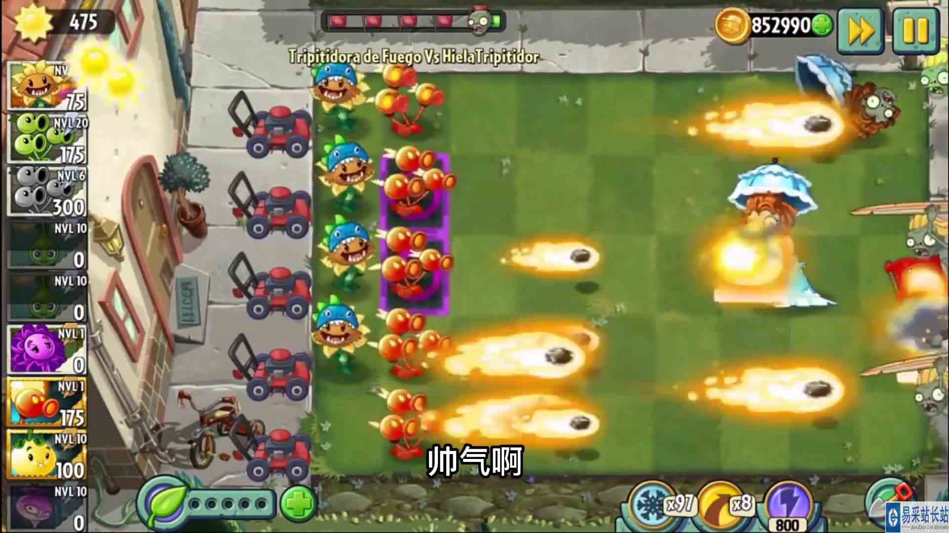 植物大战僵尸火焰三重射手VS寒冰三重射手，阻挡9999只僵尸进攻ok