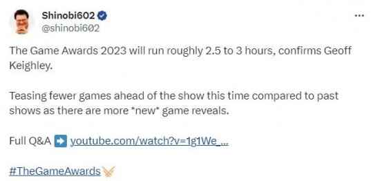 TGA 2023持续约2.5-3小时 将有大量新游戏揭晓