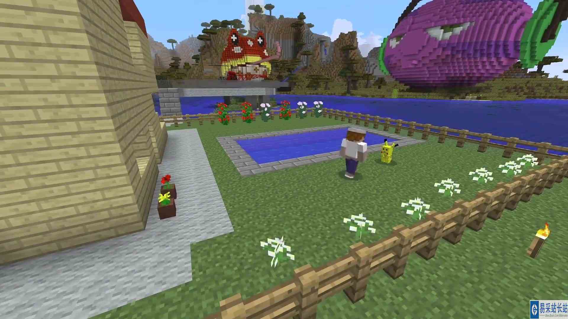 我的世界巨型卡比兽到处破坏，戴夫和皮卡丘联手将其打败！