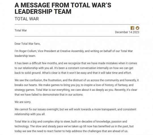 《全面战争》开发商CA致歉玩家 承诺免费DLC和退款以补偿玩家