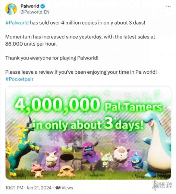 《幻兽帕鲁》发售3天销量破400万份！每小时超8万份