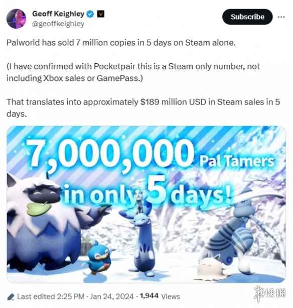 《幻兽帕鲁》5天销量破700万！官方确认仅为Steam版