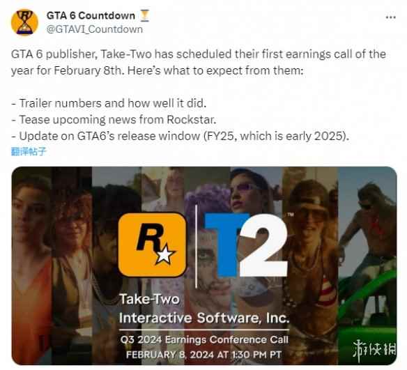 《GTA6》发行商将于2.8召开财报会议 或将公布新消息