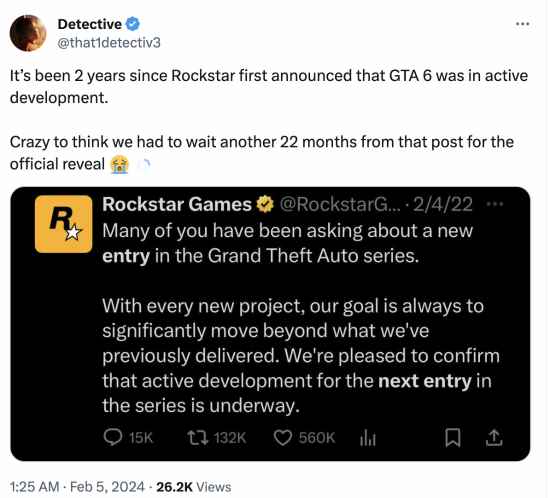 距离R星官宣《GTA6》正在开发已过去两年 首支预告等了22个月