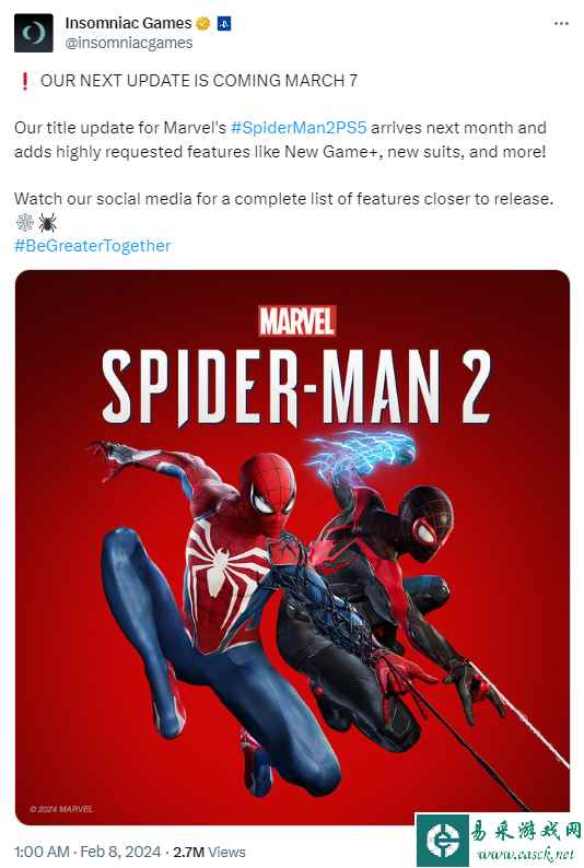 《漫威蜘蛛侠2》新游戏+模式确定2024年3月7日更新！