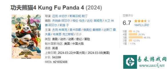 电影《功夫熊猫4》豆瓣开分6.7分！近5成观众给出3星