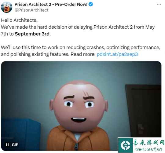 《监狱建筑师2》再次跳票 延期至9月3日