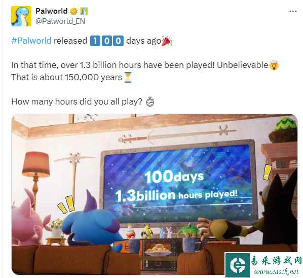 《幻兽帕鲁》发售第100天，玩家游戏时长已超13亿小时