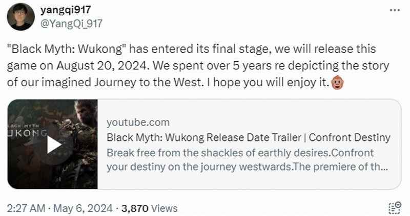 《黑神话：悟空》美术总监杨奇发推文称，游戏已进入最后阶段