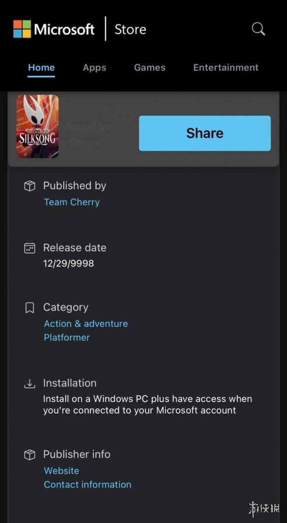 《空洞骑士：丝之歌》微软商店显示将于9998年发售?