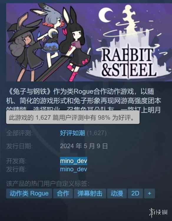 《兔子与钢铁》Steam评价"好评如潮"：好评率高达98%