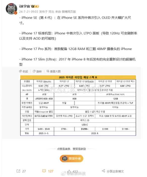 爆料：苹果2025年iPhone 17系列 iPhone SE 4配置